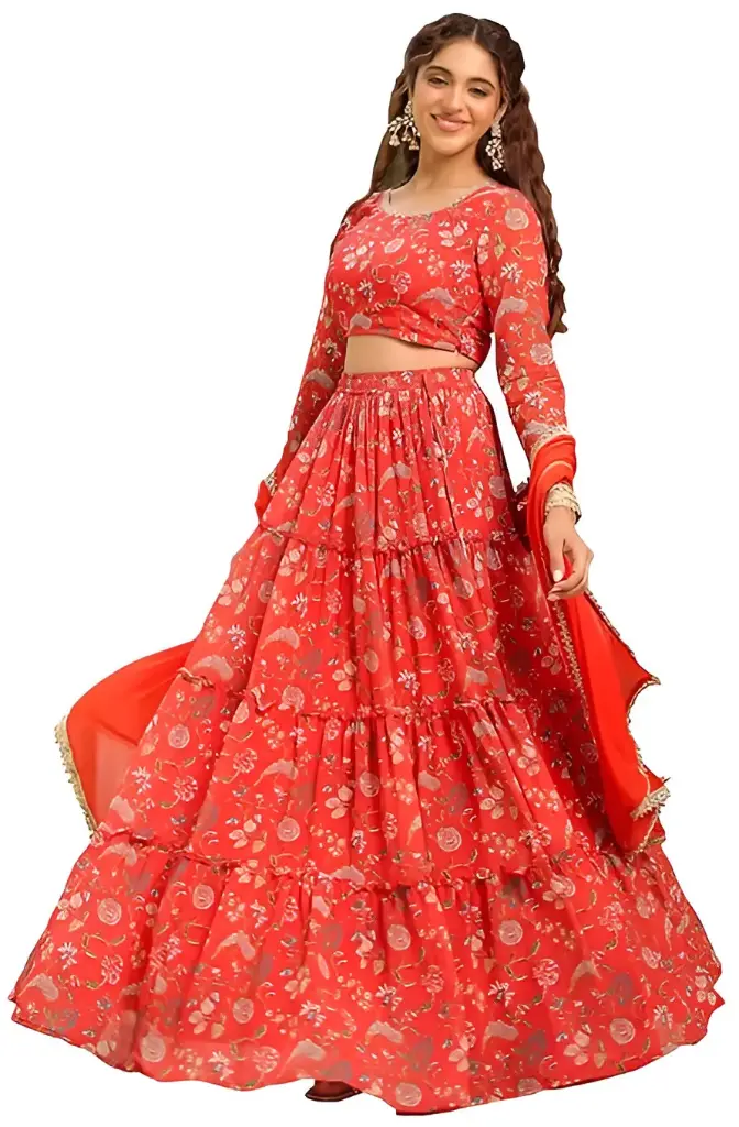 Women's Red Georgette Floral Printed Tiered Ready To Wear Lehenga Choli Set