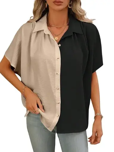 GRECIILOOKS Women's Short Sleeve Button-Down Shirt | Printed Casual Crop Top | Stylish Collared Shirt for Women | Oversized Shirt for Woman