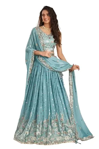 Women's Turquoise Blue Georgette Sequinned Lehenga