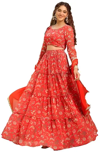 Women's Red Georgette Floral Printed Tiered Ready To Wear Lehenga Choli Set